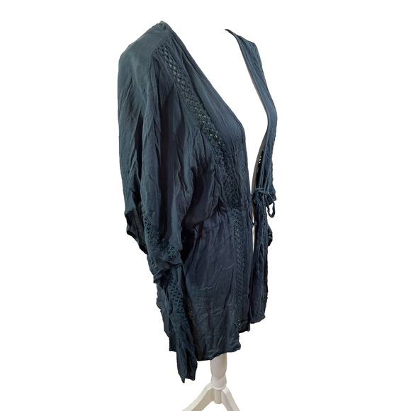 Elan Blue Tie Front Crochet Kimono Sleeve Beach Cover Up Sz L - Picture 2 of 7